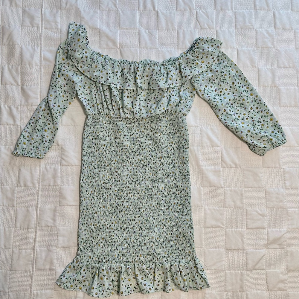 Springy Floral Smocked Bodycon Ruffle Hem Mini Dress